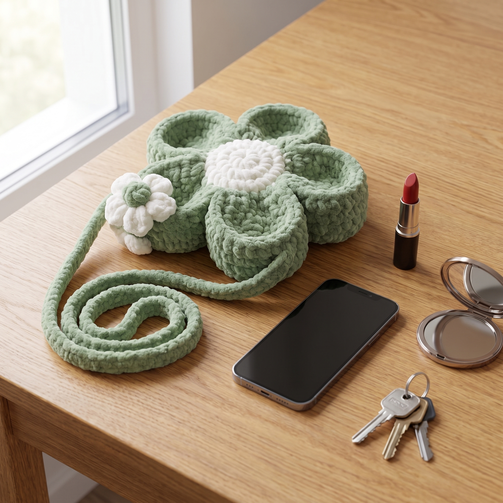 Chenille flower shaped shoulder bag - green and white size reference with phone and keys