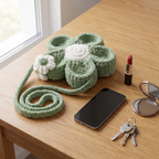 Chenille flower shaped shoulder bag - green and white size reference with phone and keys