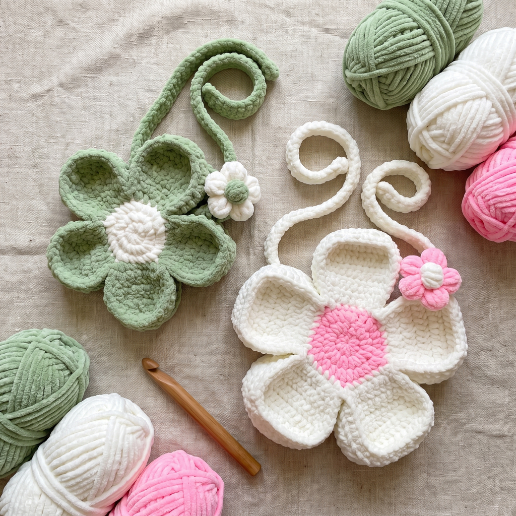 Chenille flower shaped shoulder bag - handmade flat lay with chenille yarn and hook