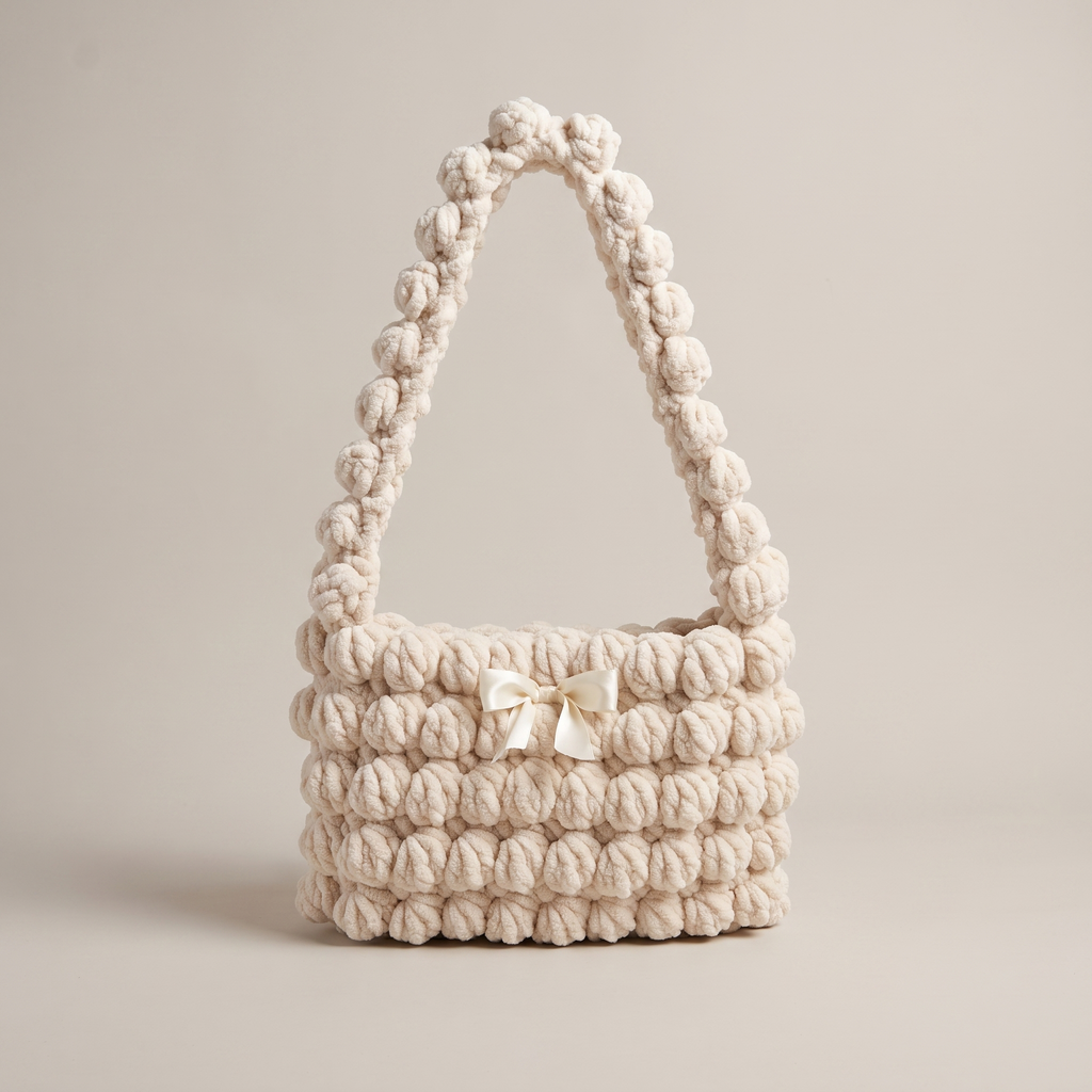 Ivory chenille bobble shoulder bag - studio hero shot
