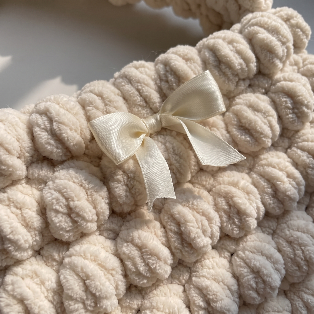 Ivory chenille bobble shoulder bag - macro bobble texture and satin bow detail