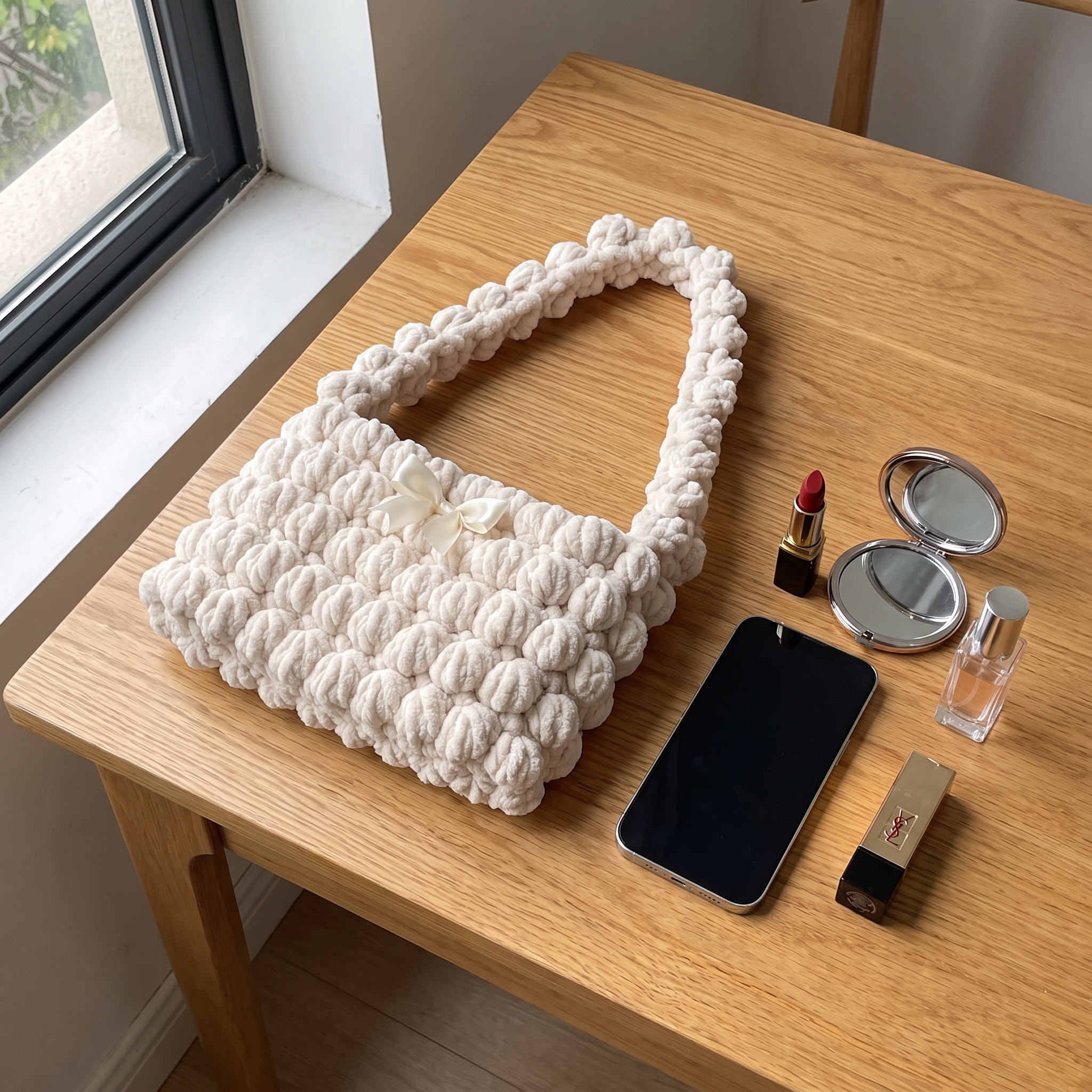 Ivory chenille bobble shoulder bag - size reference with phone and lipstick
