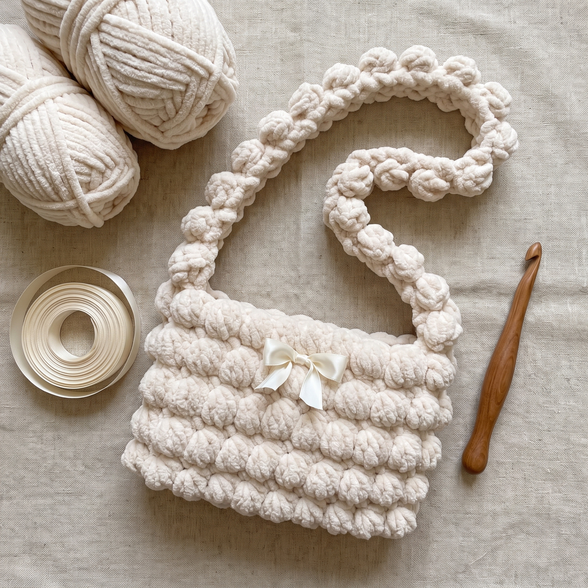 Ivory chenille bobble shoulder bag - handmade flat lay with chenille yarn and hook