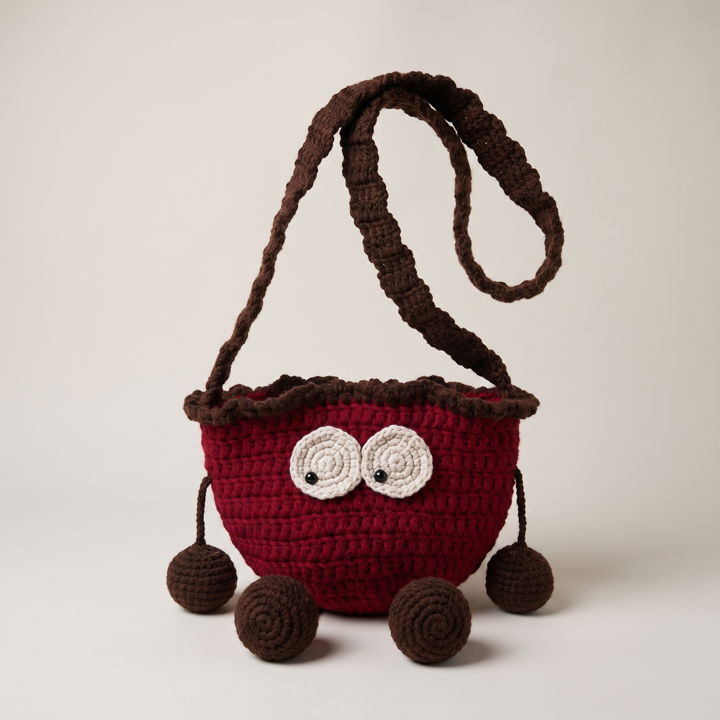 Red crochet cherry crossbody bag - studio hero shot