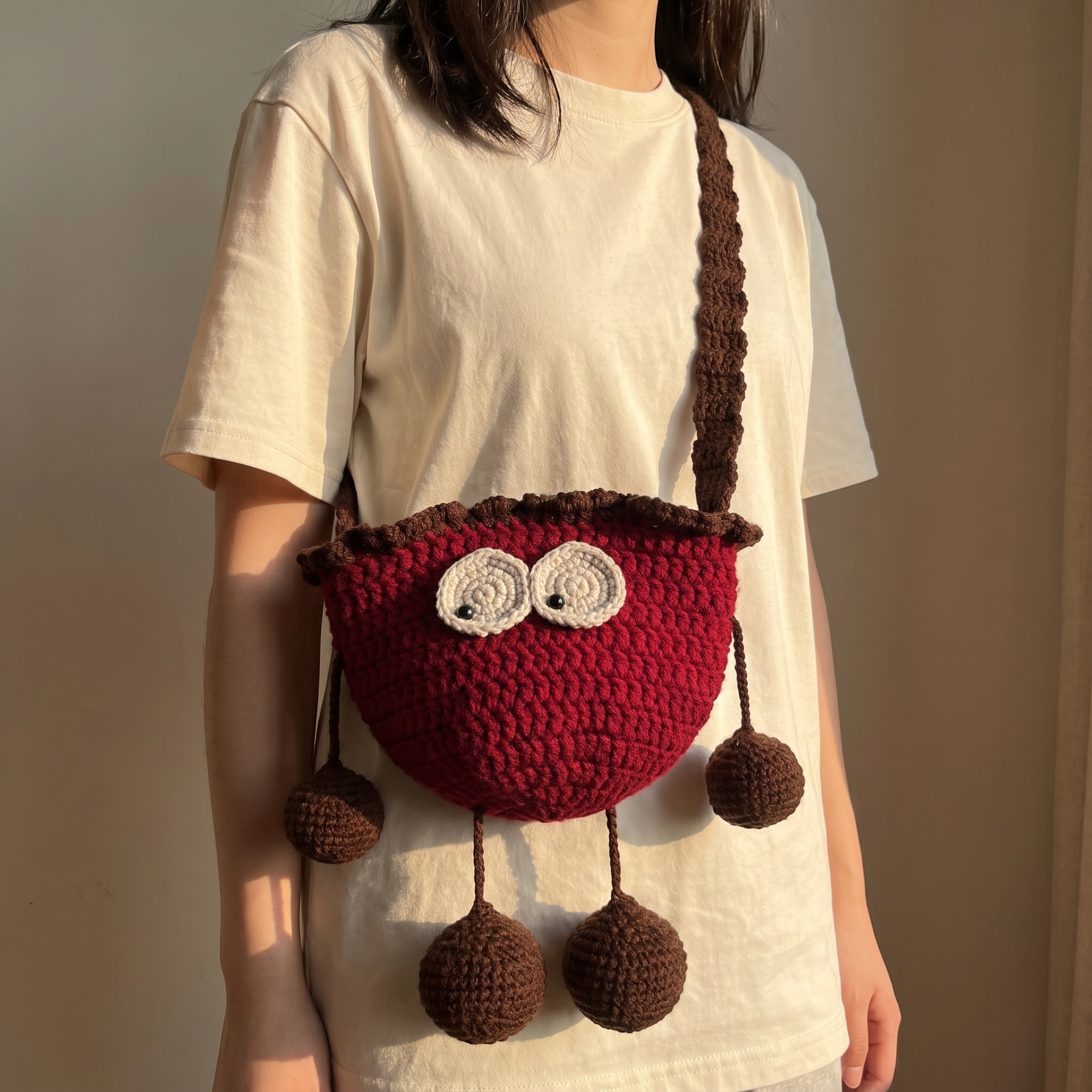 Red crochet cherry crossbody bag - worn crossbody