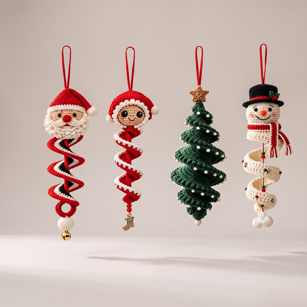 Handmade Crochet Christmas Spiral Ornament - hero shot, all 4 designs