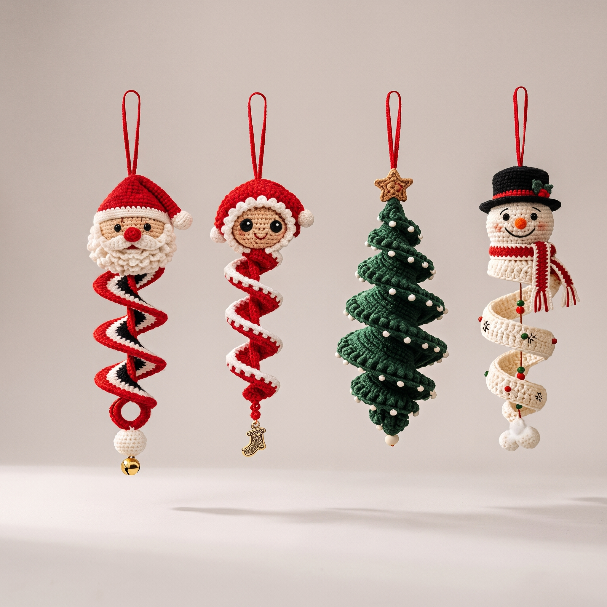 Handmade Crochet Christmas Spiral Ornament - hero shot, all 4 designs