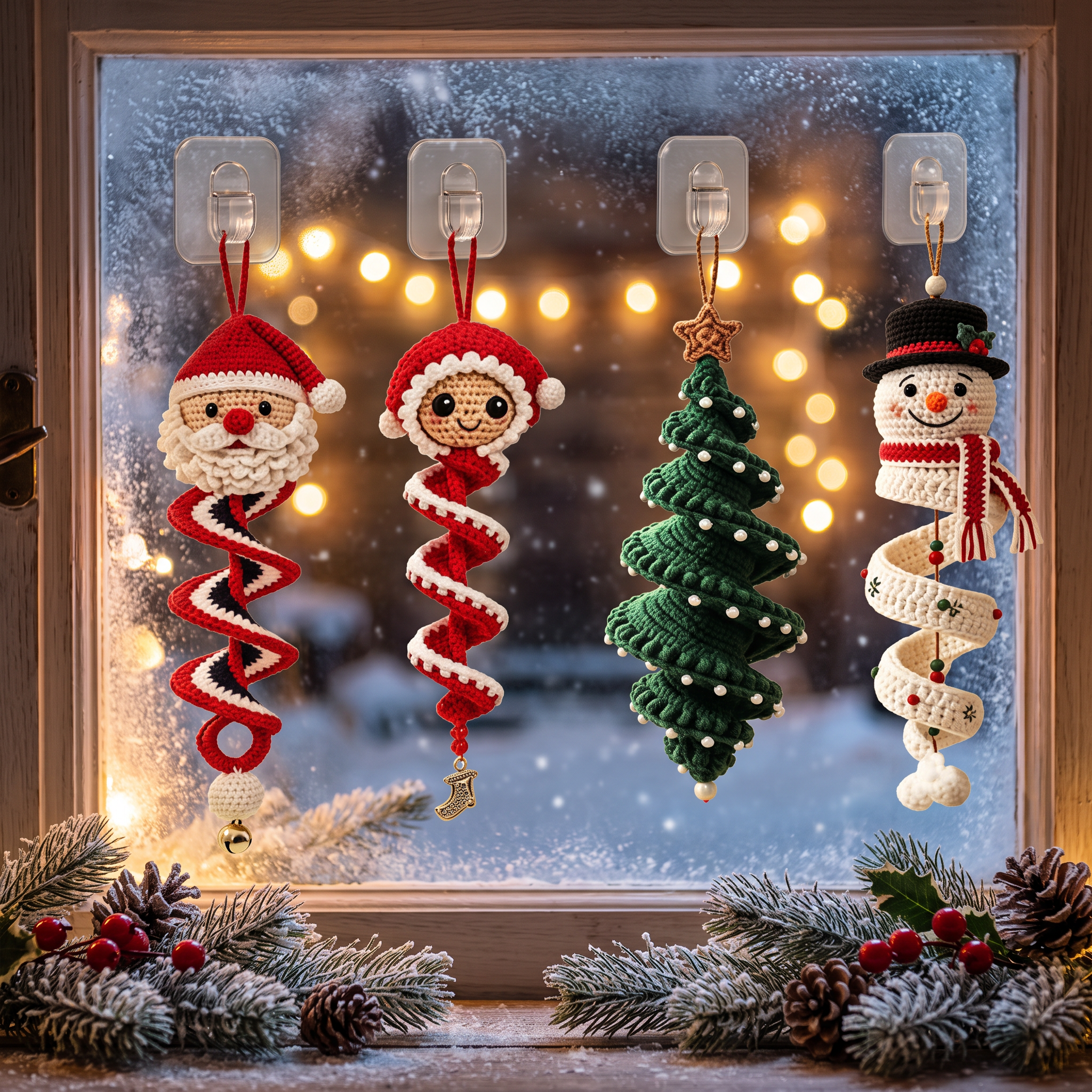 Handmade Crochet Christmas Spiral Ornament - hanging on window with holiday lights