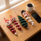 Handmade Crochet Christmas Spiral Ornament - scale reference next to mug and phone