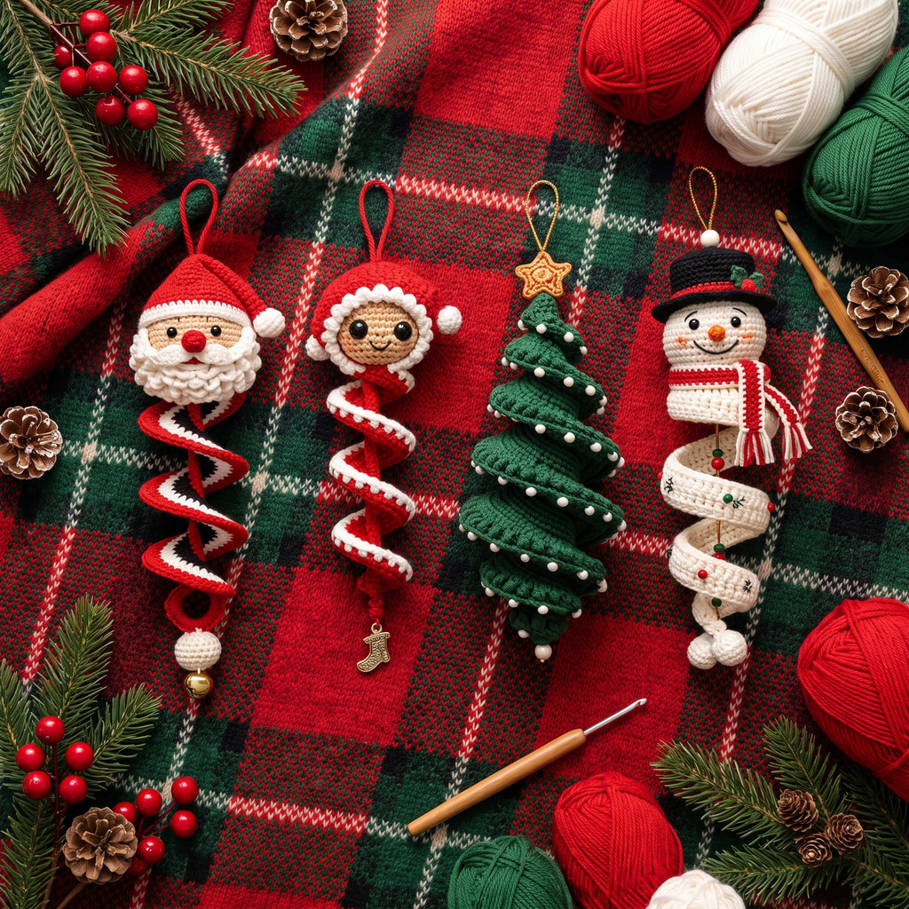 Handmade Crochet Christmas Spiral Ornament - flat lay with pine and yarn