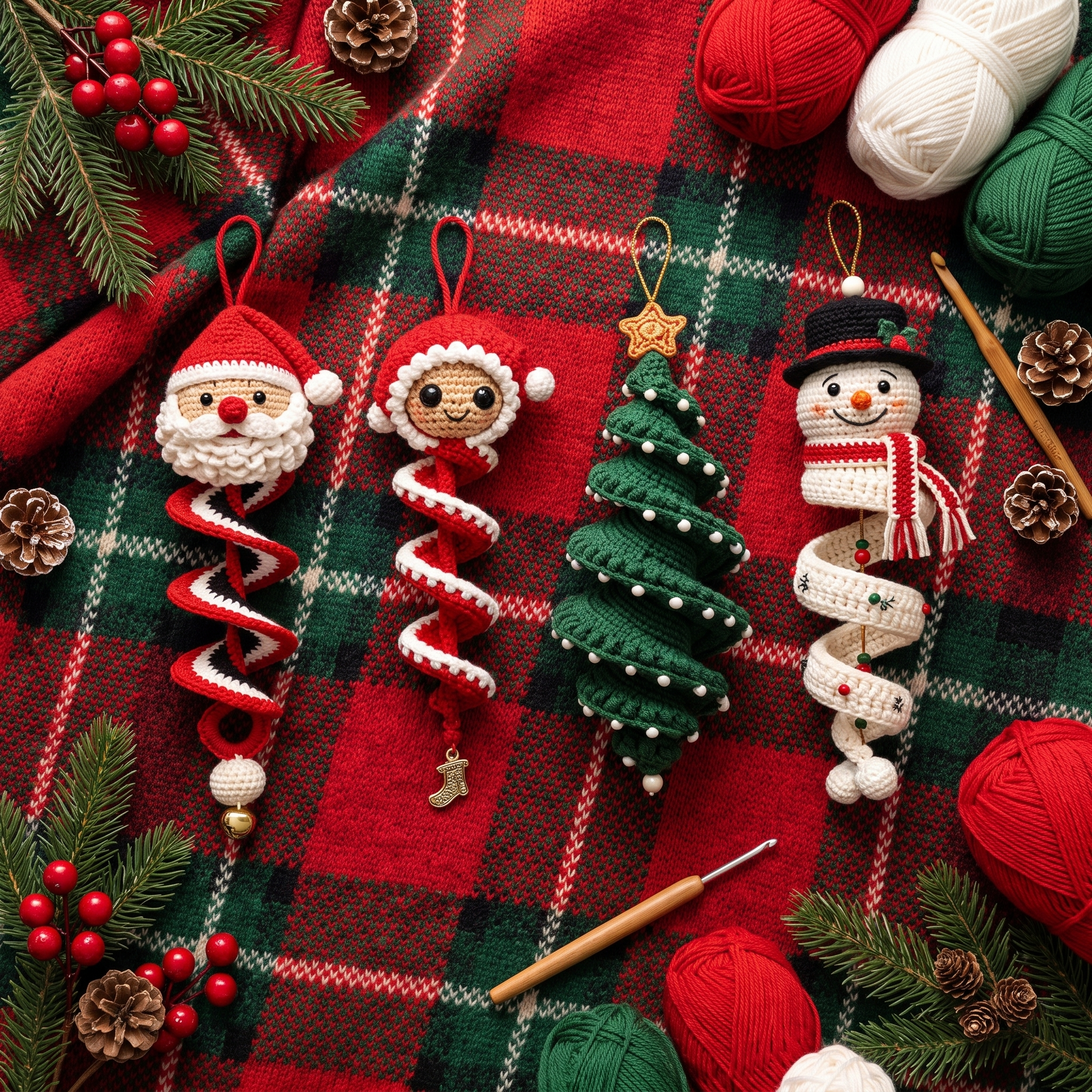 Handmade Crochet Christmas Spiral Ornament - flat lay with pine and yarn