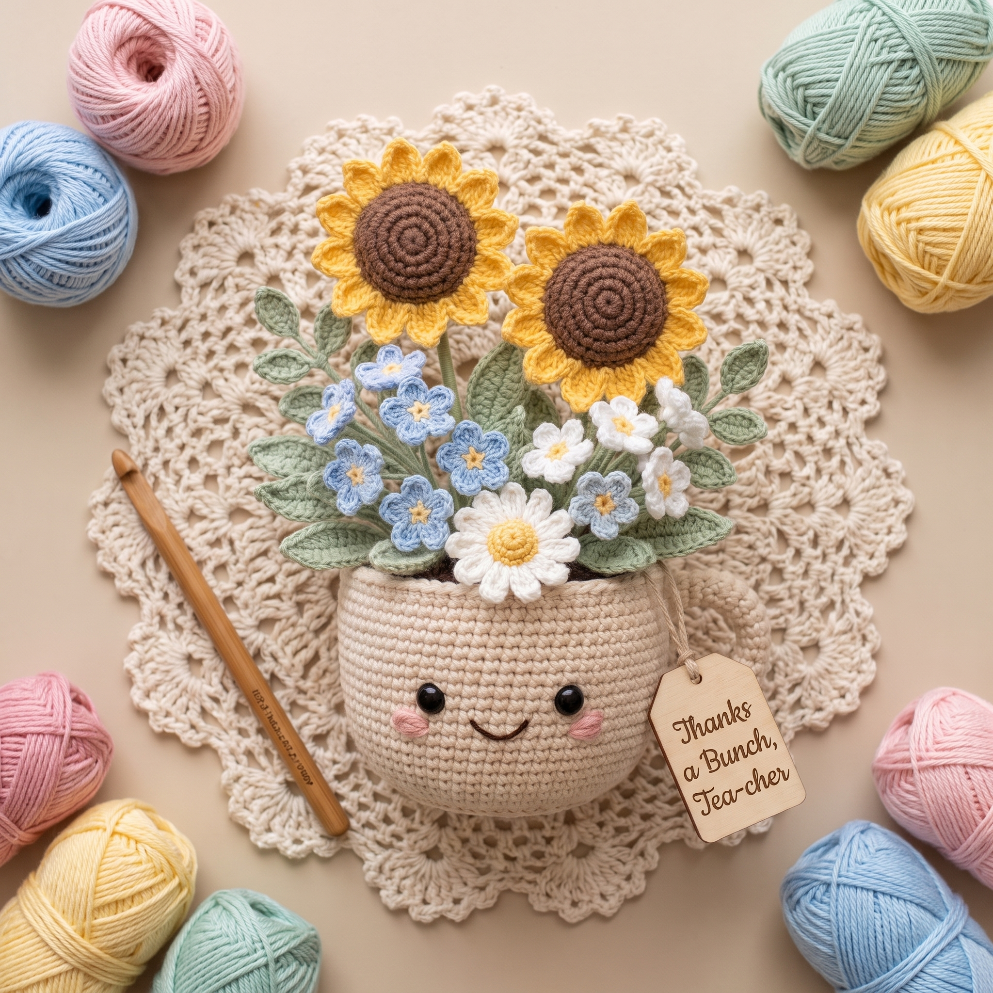 Smiley Mug Bouquet - Sunflower flat-lay with yarn