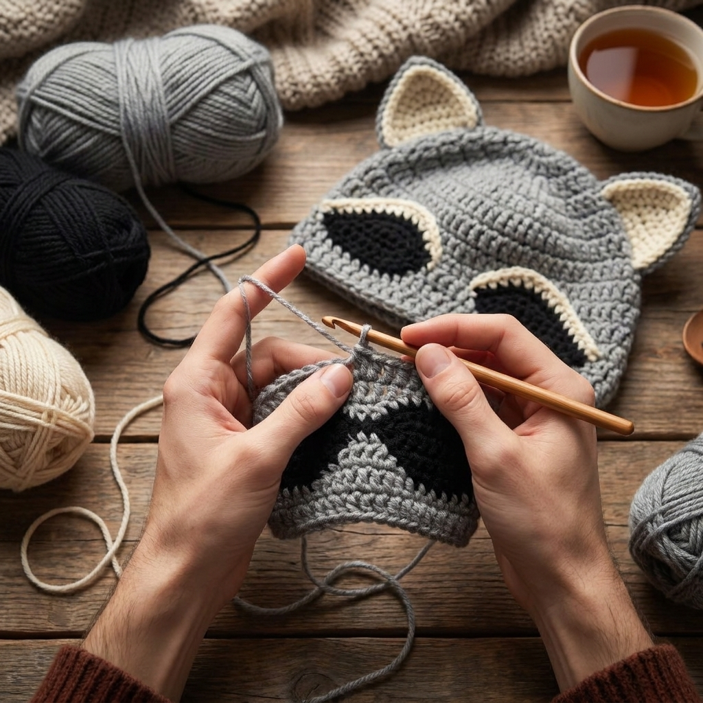 Learning to crochet the Raccoon Bandit Beanie pattern