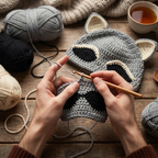 Learning to crochet the Raccoon Bandit Beanie pattern