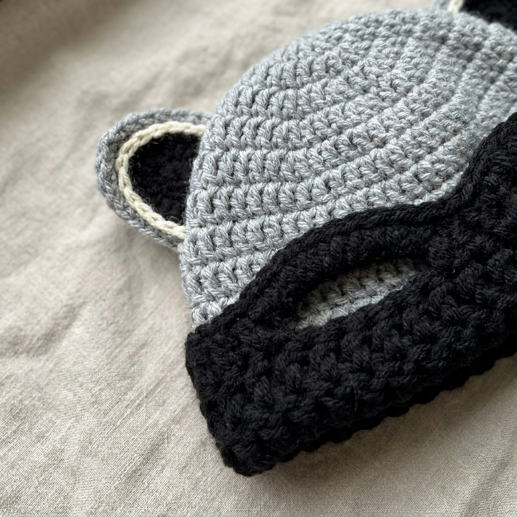 Raccoon Bandit Beanie detail - ears and eye-mask stitching