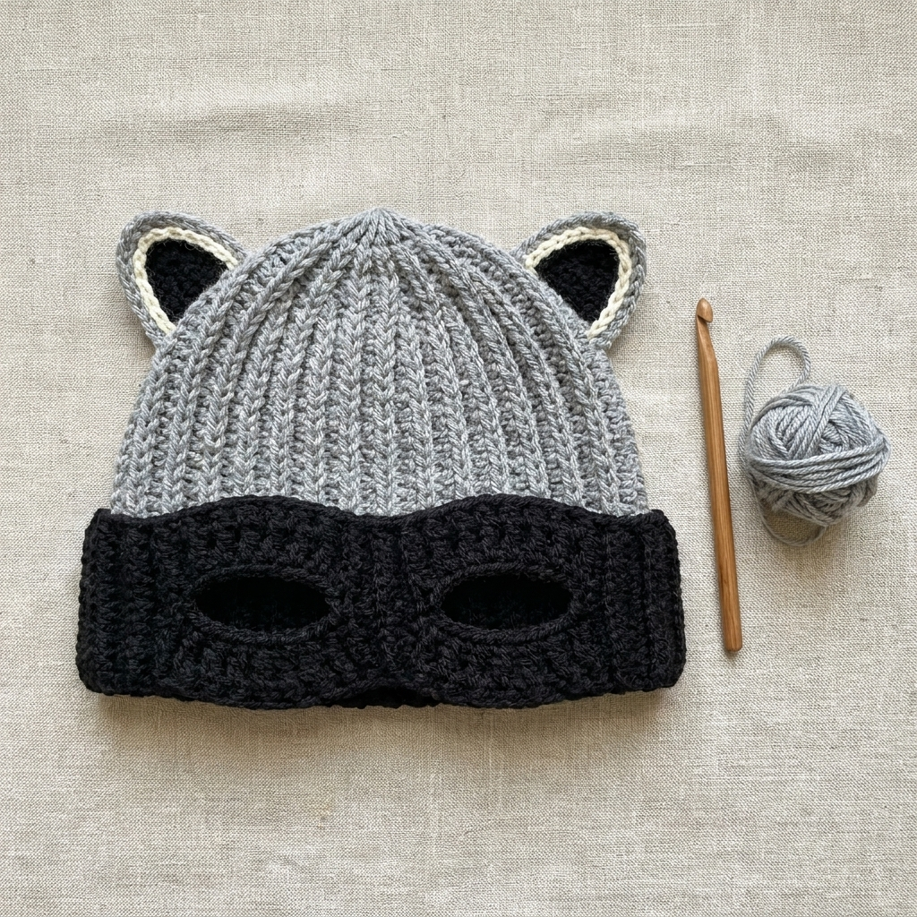 Raccoon Bandit Beanie flat lay with crochet hook