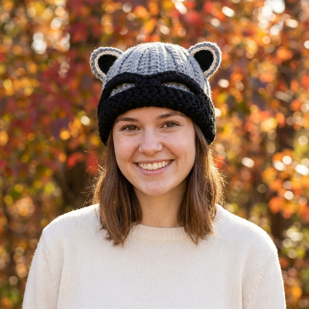 Raccoon Bandit Beanie styled lifestyle photo outdoors