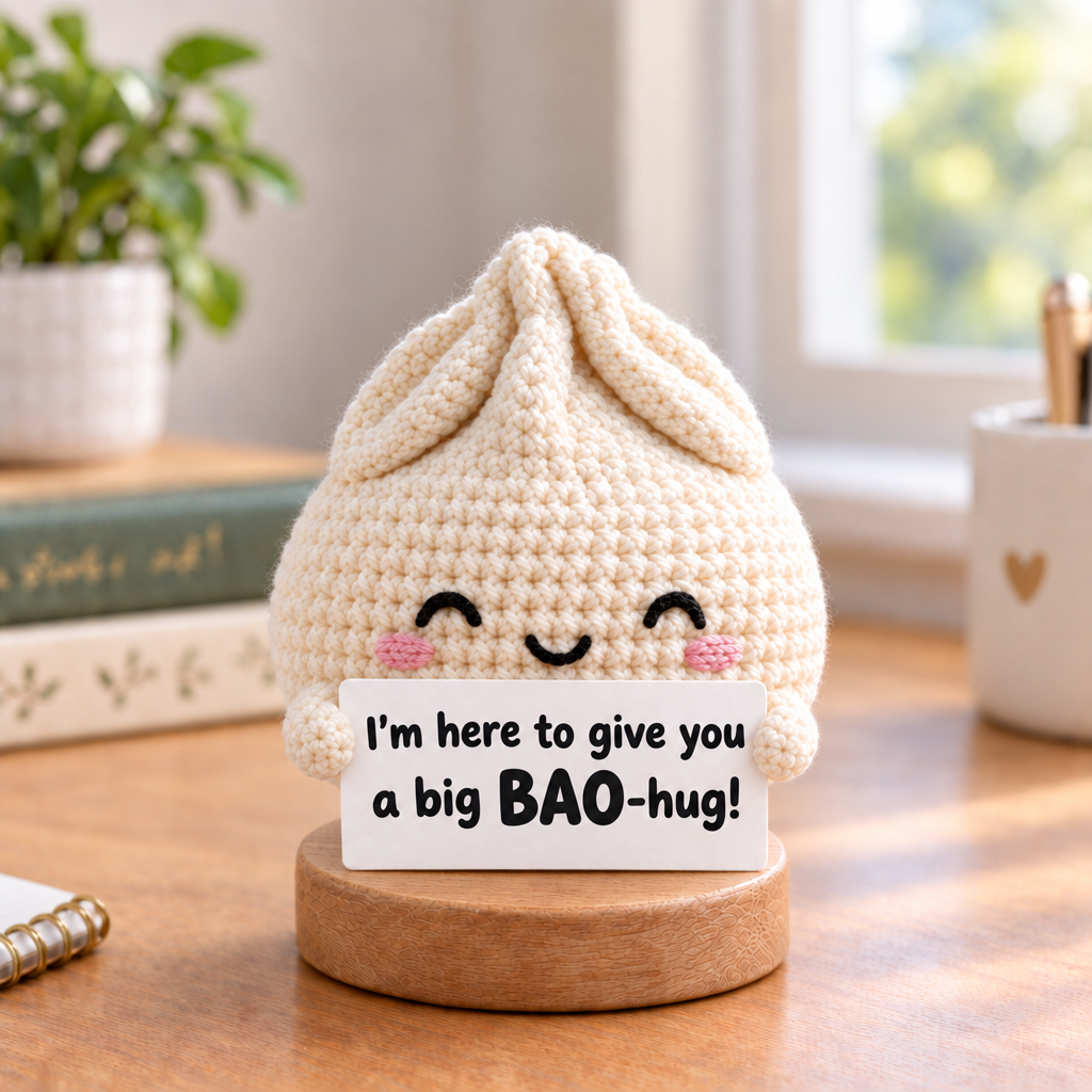 Emotional Support Dumpling Crochet Doll - sign reads I'm here to give you a big BAO-hug!