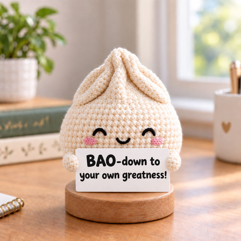 Emotional Support Dumpling Crochet Doll - sign reads BAO-down to your own greatness!