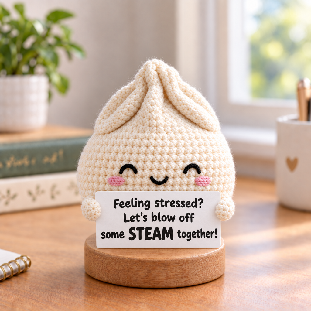 Emotional Support Dumpling Crochet Doll - sign reads Feeling stressed? Let's blow off some STEAM together!