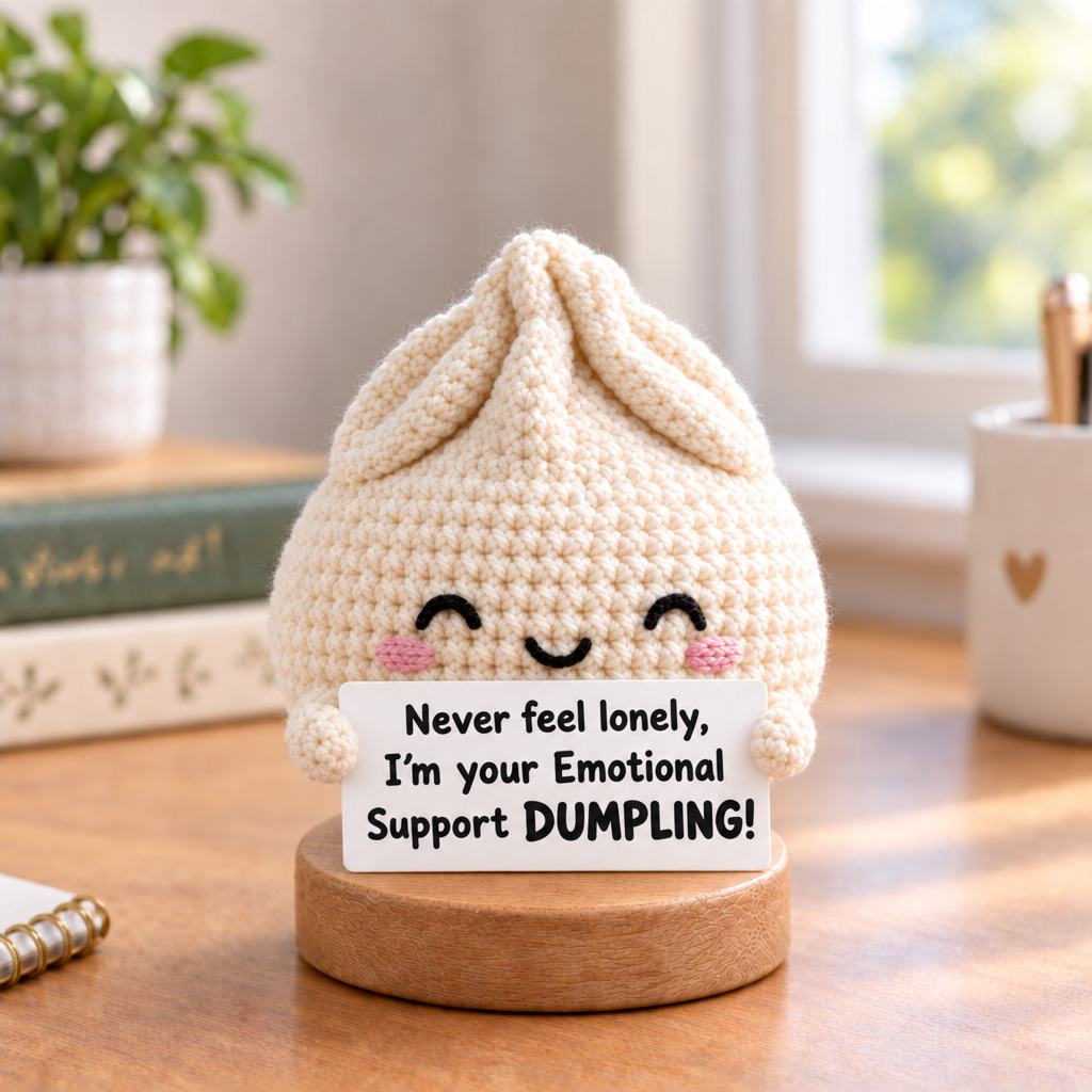 Emotional Support Dumpling Crochet Doll - sign reads Never feel lonely, I'm your Emotional Support DUMPLING!