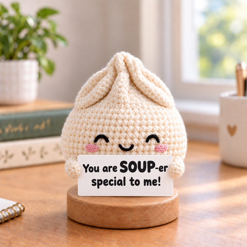 Emotional Support Dumpling Crochet Doll - sign reads You are SOUP-er special to me!