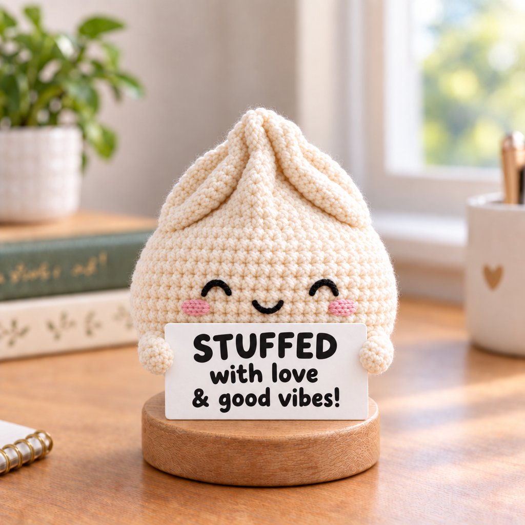 Emotional Support Dumpling Crochet Doll - sign reads STUFFED with love & good vibes!