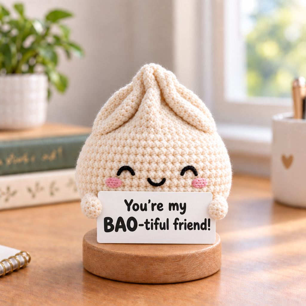 Emotional Support Dumpling Crochet Doll - sign reads You're my BAO-tiful friend!