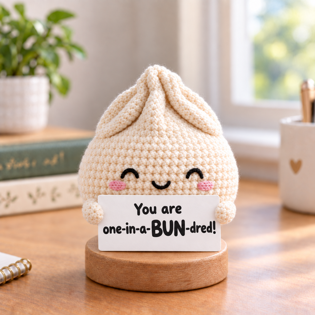 Emotional Support Dumpling Crochet Doll - sign reads You are one-in-a-BUN-dred!