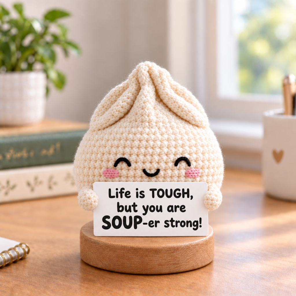 Emotional Support Dumpling Crochet Doll - sign reads Life is TOUGH, but you are SOUP-er strong!