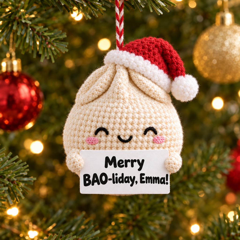 Funny Christmas Dumpling Ornament - sign reads Merry BAO-liday, with your name