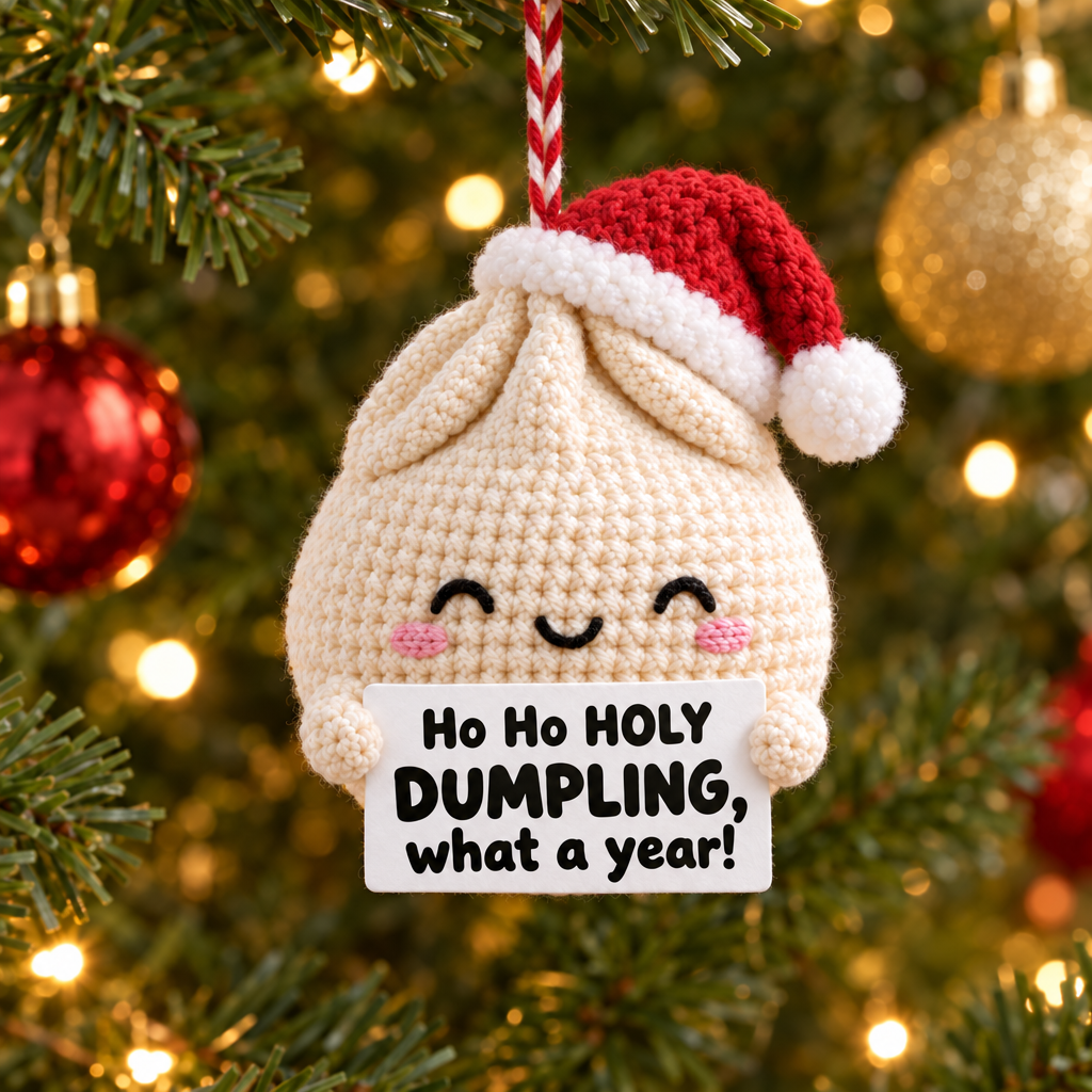Funny Christmas Dumpling Ornament - sign reads Ho Ho HOLY DUMPLING, what a year!