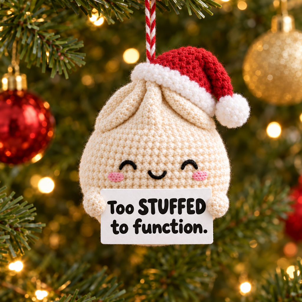 Funny Christmas Dumpling Ornament - sign reads Too STUFFED to function.