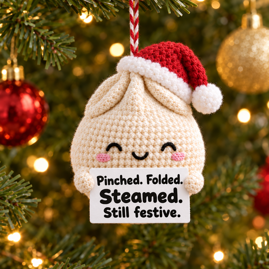 Funny Christmas Dumpling Ornament - sign reads Pinched. Folded. Steamed. Still festive.