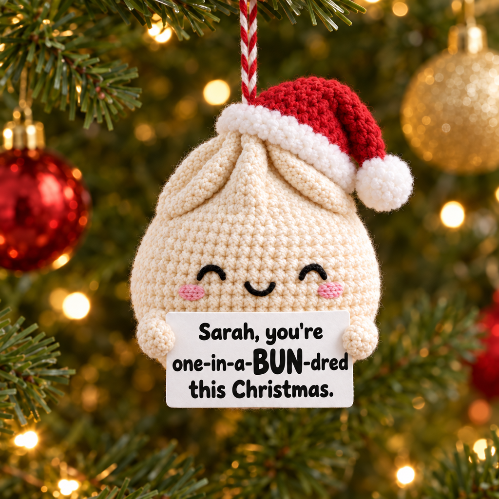 Funny Christmas Dumpling Ornament - sign reads your name, you're one-in-a-BUN-dred this Christmas.