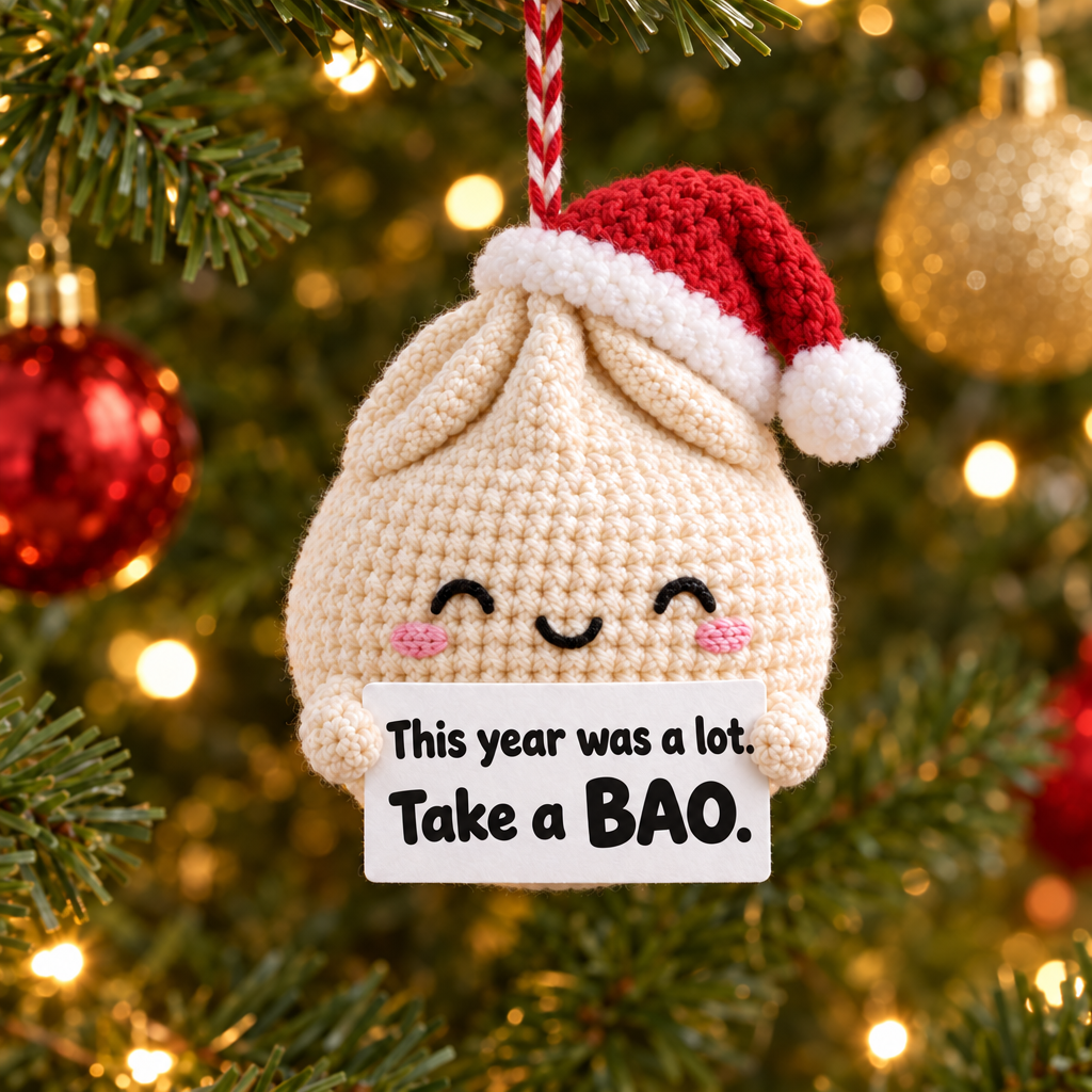 Funny Christmas Dumpling Ornament - sign reads This year was a lot. Take a BAO.