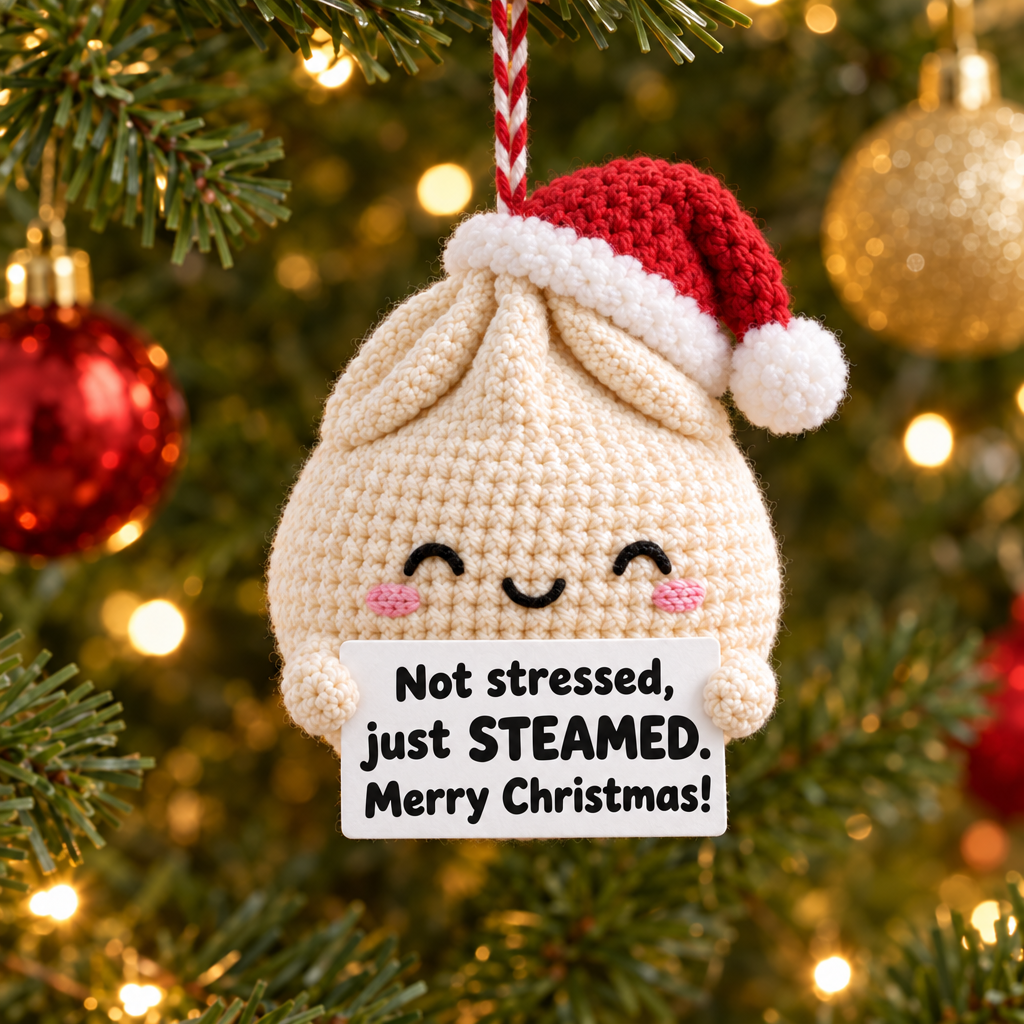 Funny Christmas Dumpling Ornament - sign reads Not stressed, just STEAMED. Merry Christmas!