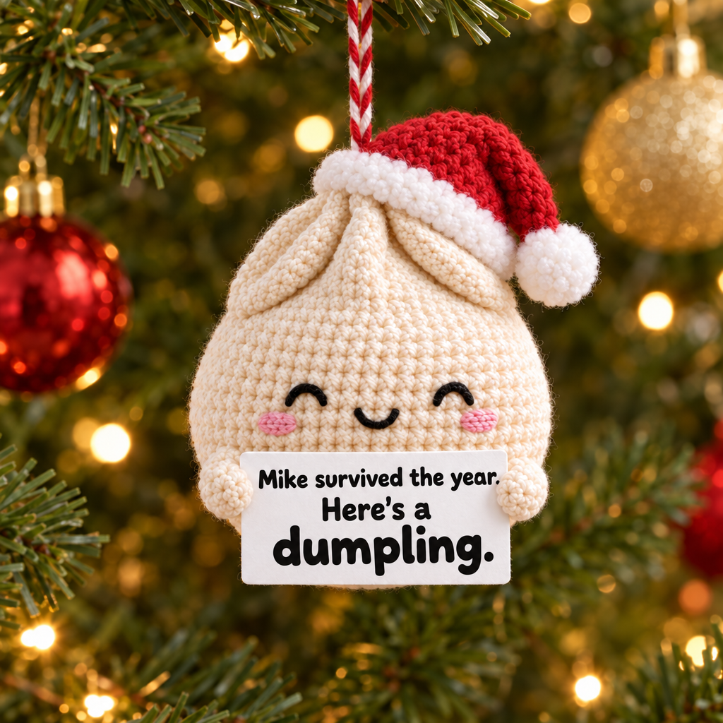Funny Christmas Dumpling Ornament - sign reads your name survived the year. Here's a dumpling.