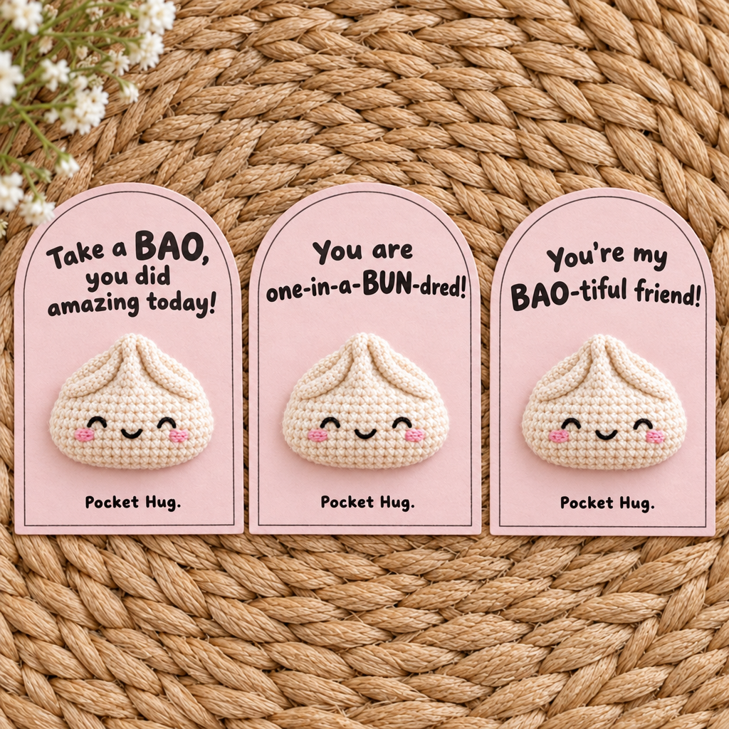 Set of three crochet dumpling pocket hug cards