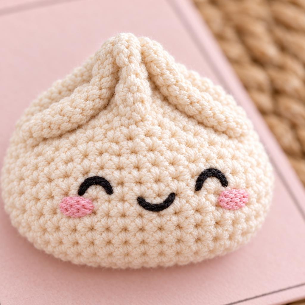 Close-up of handmade crochet bao with embroidered face