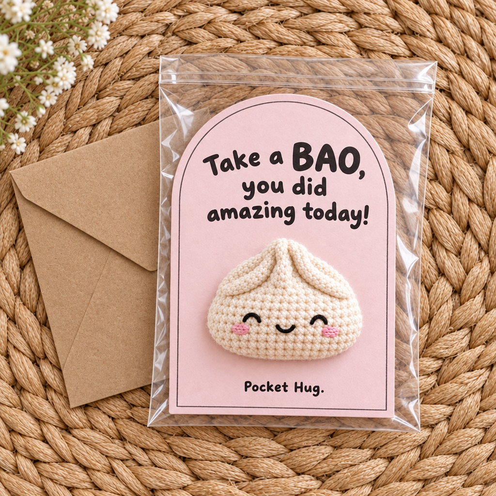 Crochet bao pocket hug card in clear cello bag with kraft envelope