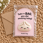 Crochet bao pocket hug card in clear cello bag with kraft envelope