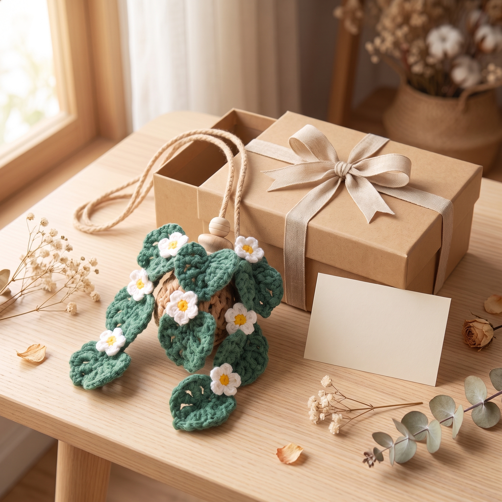 Crochet Car Plant Monstera with Daisy - gift box