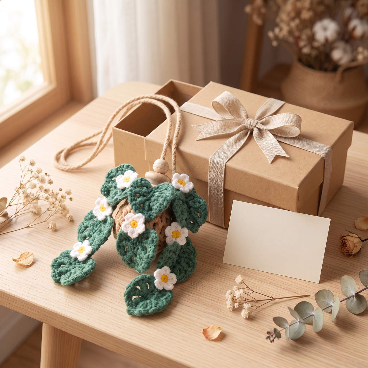 Crochet Car Plant Monstera with Daisy - gift box