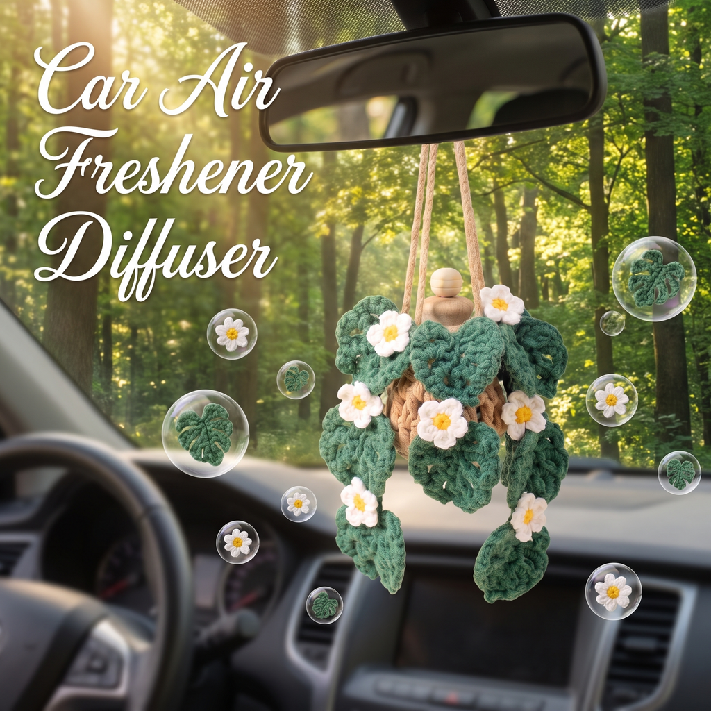 Crochet Car Plant Monstera with Daisy - car air freshener diffuser on rearview mirror