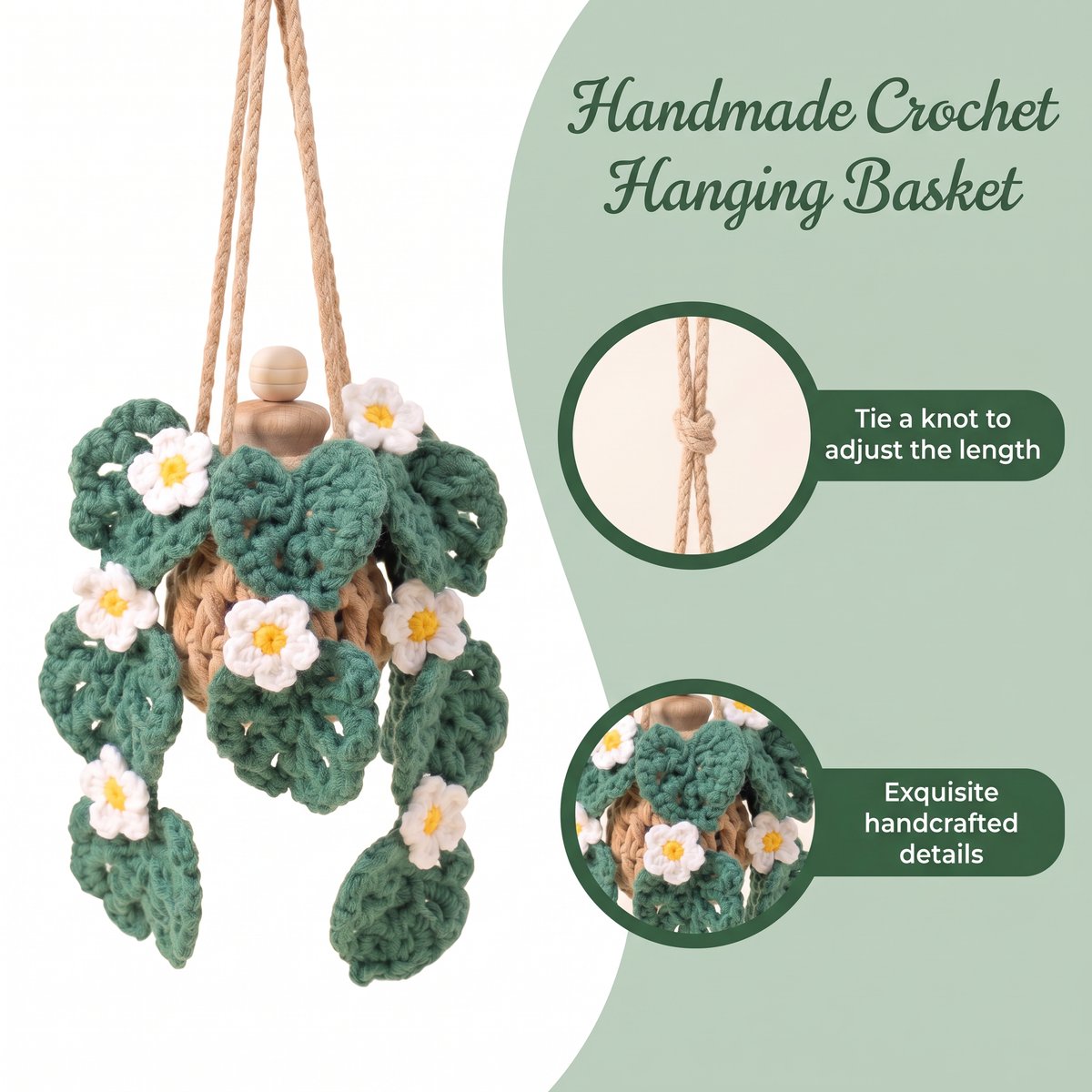Crochet Car Plant Monstera with Daisy - handmade crochet hanging basket details