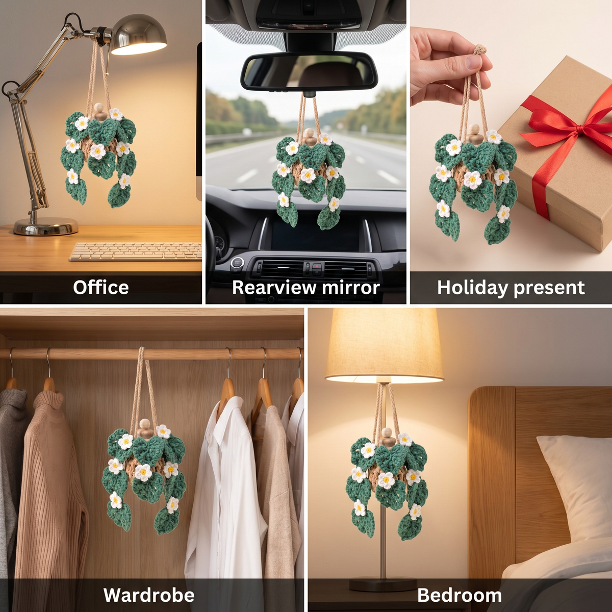 Crochet Car Plant Monstera with Daisy - use at office, car, bedroom and as a gift