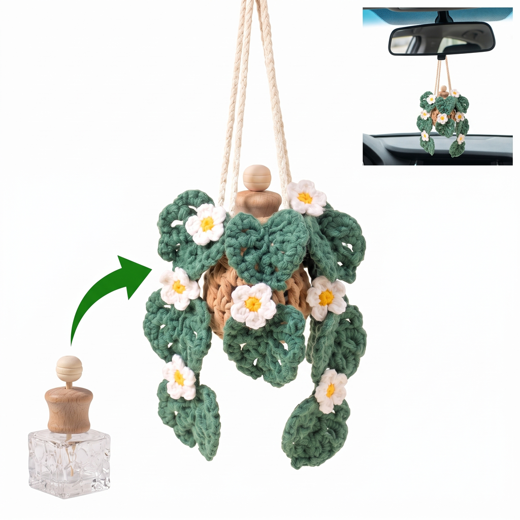 Crochet Car Plant Monstera with Daisy Essential Oil Diffuser Bottle - thumbnail