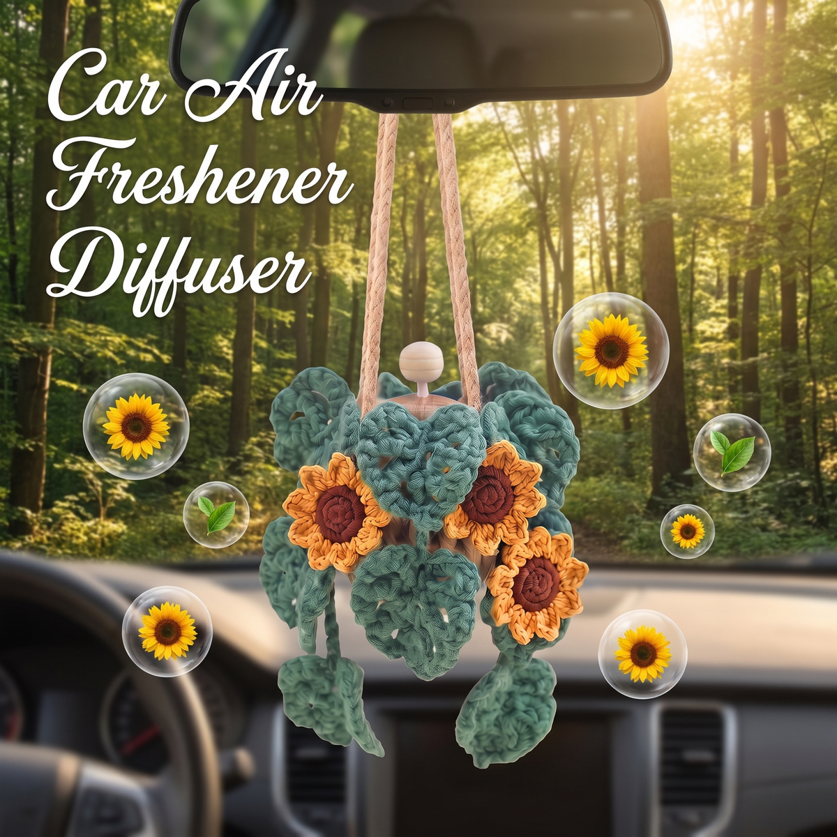 Crochet Car Plant Sunflower - car air freshener diffuser on rearview mirror