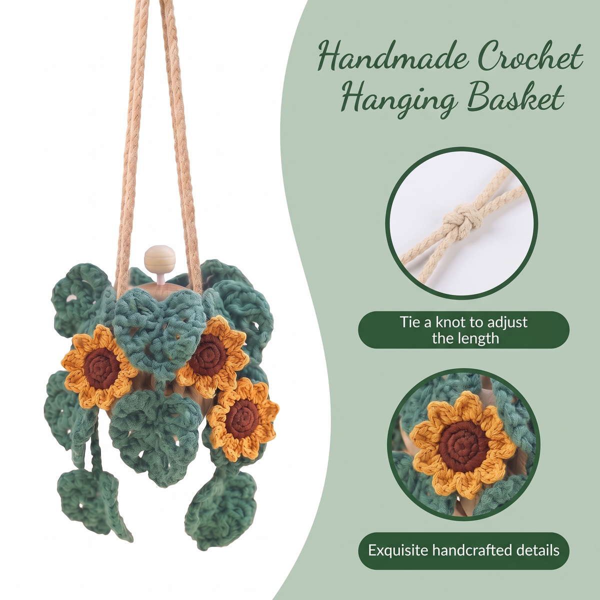 Crochet Car Plant Sunflower - handmade crochet hanging basket details